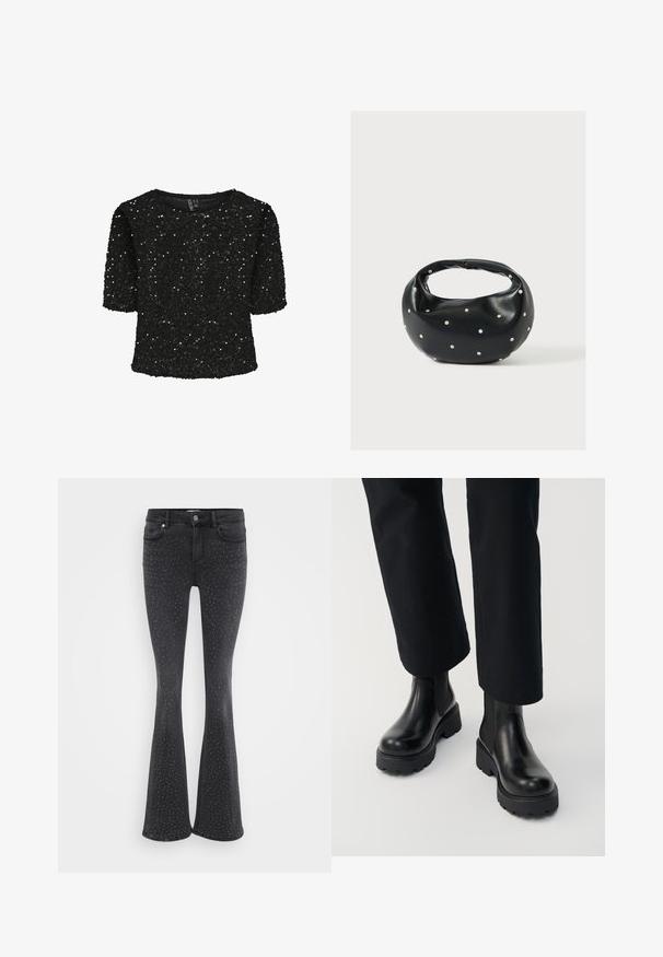Schwarzes kurzärmeliges Oberteil, das mit Pailletten bedeckt ist, mit einem runden Halsausschnitt und einer weichen Textur. Akzentuiert mit Glanz und einem lockeren Schnitt.; Schwarze, ausgestellte Jeans aus Denim mit metallischen Nietenverzierungen. Fünf Taschen und Schließe mit Knopf auf der Vorderseite.; Person trägt schwarze Leder-Stiefeletten mit klobiger Sohle, kombiniert mit schwarzen Straight-Leg-Hosen vor weißem Hintergrund.; Schwarze Lederhandtasche mit abgerundeter Form, verziert mit silbernen Nietenakzenten und kurzem Griff. Glatte Struktur und Reißverschlussverschluss.
