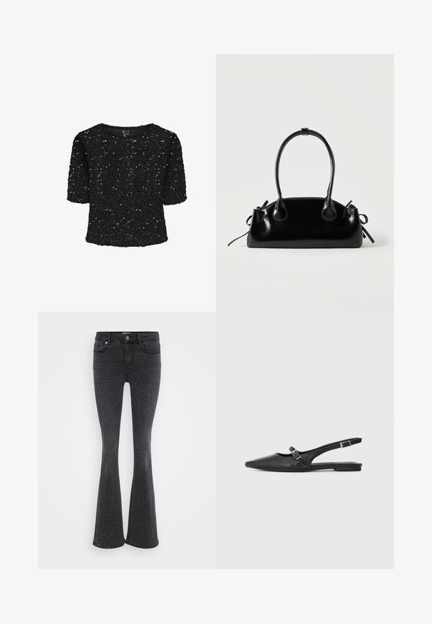 Zwarte korte mouwen top bedekt met pailletten, met een ronde halslijn en een zachte textuur. Versterkt met glans en een relaxte pasvorm.; Zwarte flared jeans van denim, versierd met metallic studs. Vijf zakken en een sluiting met een knoop aan de voorkant.; Zwarte leren slingback schoenen met een spitse neus, voorzien van een smalle band en een zilveren gesp aan de zijkant. Platte zool.; Kleine zwarte glanzende handtas met twee lange hengsels en zijkant trekkoord details op een effen lichte achtergrond.