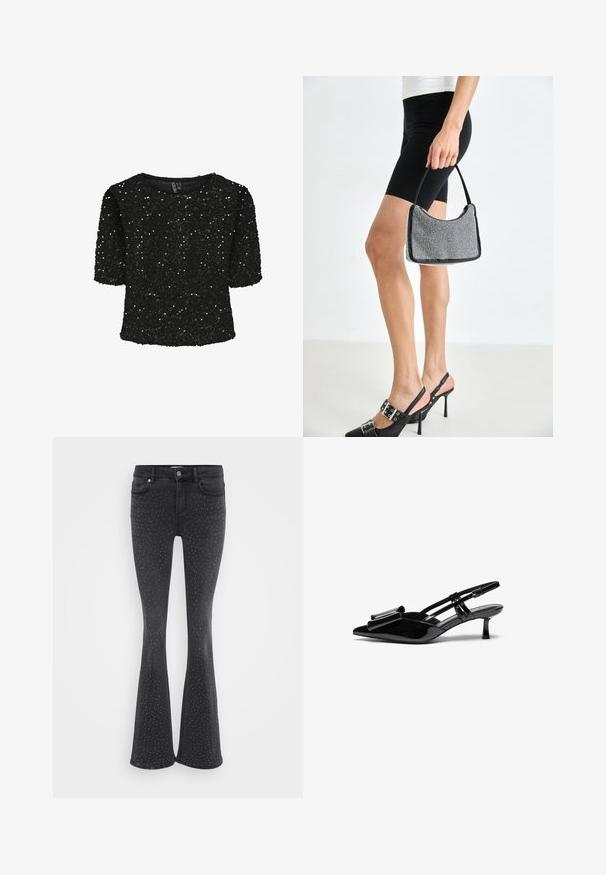 Zwarte korte mouwen top bedekt met pailletten, met een ronde halslijn en een zachte textuur. Versterkt met glans en een relaxte pasvorm.; Zwarte flared jeans van denim, versierd met metallic studs. Vijf zakken en een sluiting met een knoop aan de voorkant.; Zwarte gepatineerde lederen slingback hakken met een puntige neus, een strikdetail aan de voorkant en een kleine stilettohak. De bandjes hebben verstelbare gespen.; Zwarte beaded handtas met een gebogen silhouet, draaghandvat en glanzende textuur. Draagt bij hoge zwarte hakken en strakke zwarte shorts.