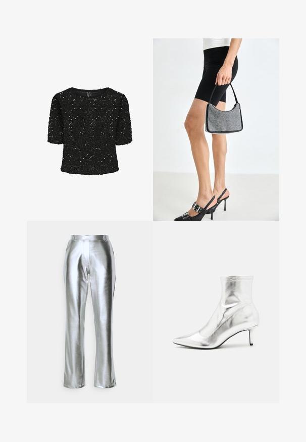 Čierny krátky rukáv top pokrytý flitrami, s okrúhlym výstrihom a jemnou štruktúrou. Zdobený trblietaním a vo voľnom strihu.; Vero Moda VMSILVER STRAIGHT PANTS - Nohavice - silver-coloured; Strieborná metalická členková boot s špicatou špičkou a úzkym podpätkom. Má priliehavý strih a hladkú, lesklúTextúru. Švy na vrchu.; Čierna korálková kabelka s zakriveným siluetom, nosnou rukoväťou a lesklou textúrou. Nosená s vysokými čiernymi topánkami na opätku a priliehavými čiernymi šortkami.