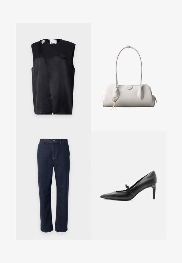 Haut sans manches noir avec un design diagonal, une poche poitrine unique et un accent en bouton argenté surdimensionné. Fabriqué à partir d'un tissu lisse.; Jeans en denim bleu foncé avec une coupe droite, dotés d'une fermeture éclair, de poches avant et de coutures visibles dans une couleur contrastante.; Escarpin noir en cuir à bout pointu avec une fine bride et une boucle sur le cou-de-pied, posé sur un fond clair neutre.; Sac à bandoulière blanc Calvin Klein avec longues poignées, forme rectangulaire, fermeture éclair et charm logo décoratif suspendu près de la poignée.