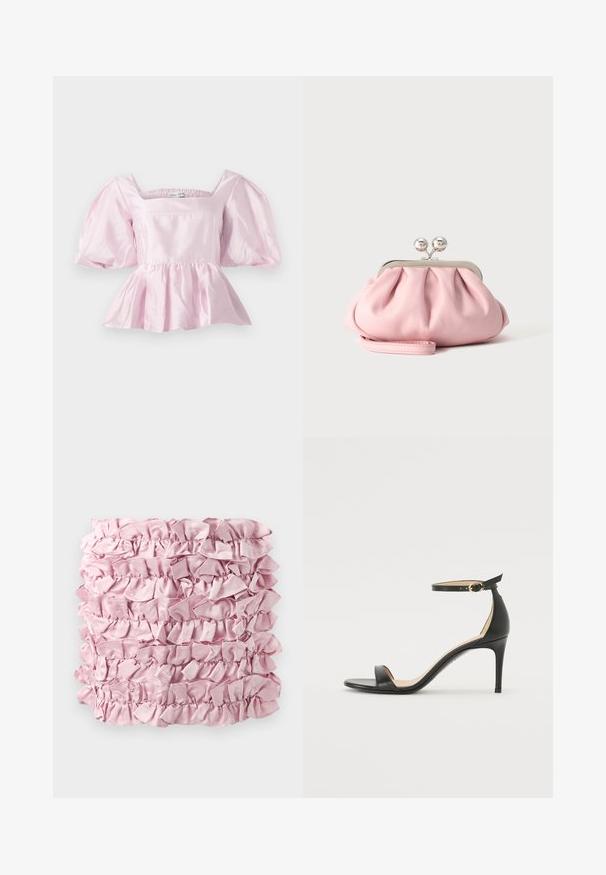 Top peplum de color rosa claro, confeccionado en una tela de satén brillante. Presenta un escote cuadrado y mangas abullonadas con un dobladillo elástico.; Tela rosa con volantes que presenta múltiples capas de textura suave, similar al satén, con bordes fruncidos. Forma rectangular con un color rico y uniforme.; Sándalo de tacón alto de piel negra con tiras en el tobillo. Presenta una textura suave, puntera abierta y un tacón delgado. Detalles de hebilla en tono dorado.; Pequeño bolso de mano rosa suave con marco metálico plateado y cierre redondo, reposando sobre una superficie plana y clara con la correa de muñeca doblada al frente.