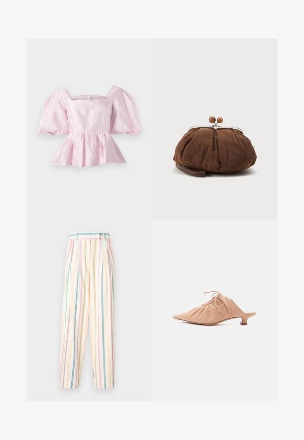 Lichtroze peplumtop van glanzende satijnstof. Heeft een vierkante halslijn en puffmouwen met een elastische zoom.; Gestreepte wijde broek van katoen, met pasteltinten van roze, geel, groen en blauw, met plooien en een ontspannen pasvorm.; Beige leren damesmuiltje met puntige neus, geplooide bovenzijde, trekkoord en lage kittenheel, afgebeeld op witte achtergrond.; Zachte bruine suède polstasje met zilverkleurige metalen frame en ronde bruine sluitknopjes op een effen lichte achtergrond.