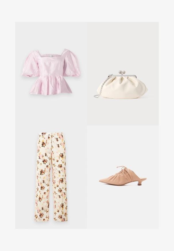 Hele roosa peplum tops, mis on valmistatud läikivast satiinikangast. Omab ruudukujulist kaelust ja puhvvarrukaid, millel on elastne äär.; Kreemivärvi lilleline lai jalgpüksid, mis on kaunistatud roosa, oranži ja musta lillede segu. Sile kangas, lõdva istuvusega ja ilma välistaskuteta.; Beežist nahast naiste mummikontsaga jalanõu terava kärje, kortsulise pealse, paelaga sidumise ja madala kassi kandega valgel taustal.; Kreemjas kangast klapp, millel on kokkupandud disain, hõbedane metallraam, kaks dekoratiivset palli ja hõbedane kett-õlarihm.