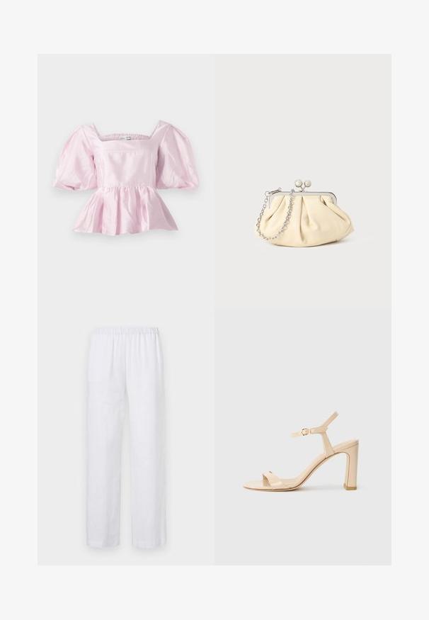 Hele roosa peplum tops, mis on valmistatud läikivast satiinikangast. Omab ruudukujulist kaelust ja puhvvarrukaid, millel on elastne äär.; ASPESI PANTALONE - Püksid - white; Bež kõrge kontsaga suss, millel on pahkluuraam ja kuldne lukk, avatud varvas ja plokk-konts valgel taustal.; Kortsus beežist nahast kotike, millel on hõbedane metallraam, kaunistatud kahe ümmarguse dekoratiivse lukuga ja hõbedase ketispideme.