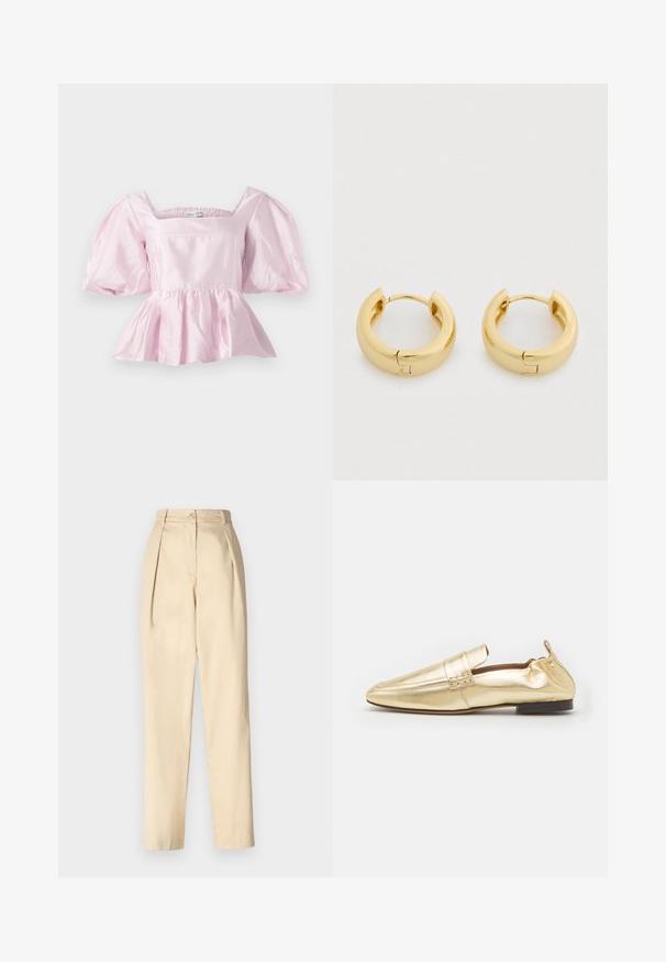 Hele roosa peplum tops, mis on valmistatud läikivast satiinikangast. Omab ruudukujulist kaelust ja puhvvarrukaid, millel on elastne äär.; Bežid kohandatud püksid kõrge vöökohaga, millel on ees voldid, üksnuppkinnitus ja kitsenevad sääred. Valmistatud siledast kangast.; Mansur Gavriel SQUARE TOE LOAFER - Jalga libistatavad jalanõud - gold; Kullast rõngakujulised kõrvarõngad, millel on sile, poleeritud viimistlus, ümar kuju ja hinged-kinnitus. Disain on kaasaegne ja minimalistlik.