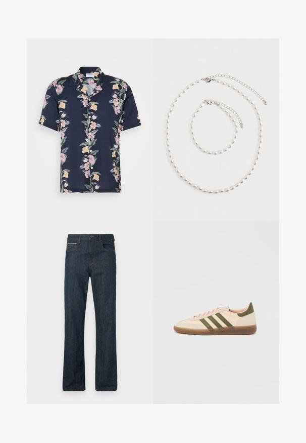 Camisa de manga corta en tela azul marino oscuro con un patrón floral de flores rosas y amarillas, y un cuello clásico con botones.; Vaqueros de mezclilla oscura con diseño de pierna recta, costuras naranjas, cinco bolsillos y bragueta de botones. El material es grueso y texturizado, típico de la mezclilla.; Zapatilla Adidas Spezial beige de perfil bajo con rayas verdes, suela de goma y la marca "SPEZIAL" en el lateral, vista desde el lado exterior.; Collar de perlas y pulsera a juego con broches de cadena de plata, dispuestos sobre un fondo blanco.