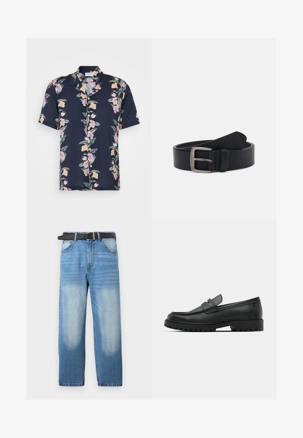 Chemise à manches courtes en tissu bleu marine foncé avec un motif floral comportant des fleurs roses et jaunes, et un col classique avec des boutons.; Jean en denim bleu clair avec une coupe droite, doté d'une ceinture noire, avec des zones décolorées et une texture diagonale subtile sur la partie supérieure.; Mocassins en cuir noir à bout arrondi, avec un design cousu, une semelle plateforme basse et une semelle en caoutchouc texturée et crantée.; Ceinture en cuir noir avec une boucle en métal argenté, présentant une finition lisse et un design classique. La ceinture est enroulée avec l'extrémité pointée.