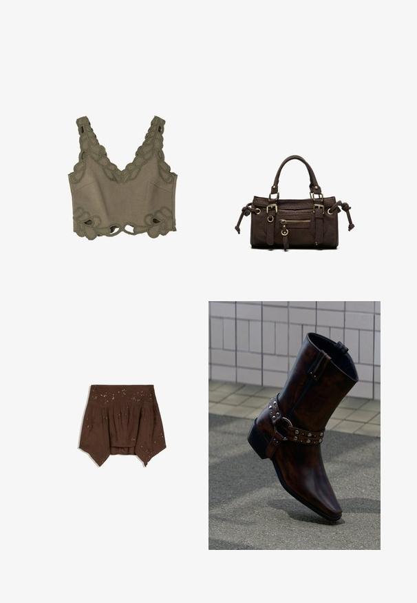 Olijfgroene crop top met decoratieve haakrand rond de halslijn en zoom, van zacht materiaal en met een V-hals ontwerp.; Bruine off-shoulder top met asymmetrische zoom, geplooide stof en subtiele bloemenversieringen met pailletten.; Donkerbruine leren enkellaars met zilverkleurige studs en een riemdetail, afgebeeld tegen een betegelde muur en een betonnen vloer.; Donkerbruine leren handtas met dubbele handvatten, voorvak met ritssluiting, decoratieve gespen en zijknopen op een witte achtergrond.