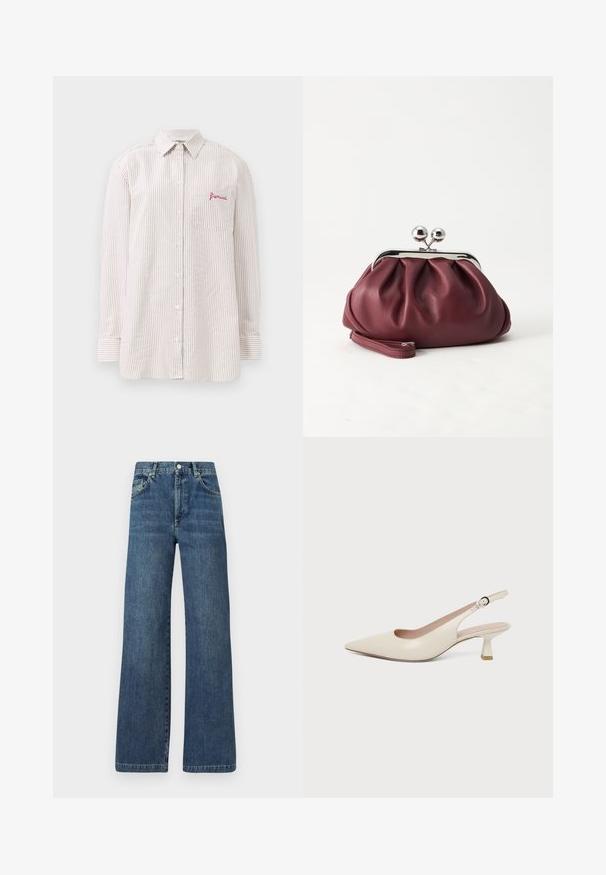 Kreemjas ja valges vertikaalses triibustikus pikkade varrukatega nööbitav särk, millel on rinnatasku, millel on punane "fiorucci" logo.; Tumedad sinised laiad teksapüksid, mis on valmistatud denimbast, sisaldavad klassikalist viit taskut, vöölõike ja ees oleva nööbiga kinnitust.; Kreemikas terava ninaga slingback-stiilis king, väike kõverkitty kant ja reguleeritava pandlaga rihm.; Väike burgundia värvi nahast käekott hõbedase metallist klambri ja randmerihmaga valgel taustal.