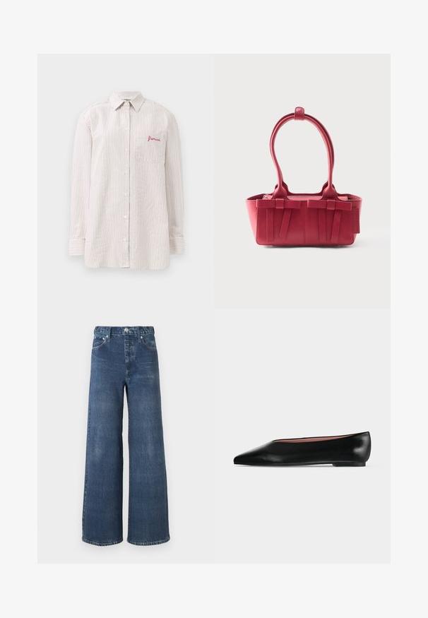 Lyslangærmet beige og hvid stribet skjorte med knapper og brystlomme broderet med rødt "fiorucci" logo.; Vidbenede jeans i mørkeblå denim med en let falmet tekstur, der har knap- og lynlåslukning, bæltestropper og klassisk fem-lomme-design.; Sort damesko i læder med flad hæl og spids tå, vist fra siden på en ensfarvet lys grå baggrund.; Rød læderhåndtaske med to top-håndtag, dekorative sløjfer foran og en tag på siden mod en hvid baggrund.