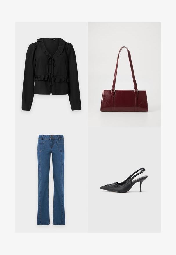 Blouse noire à manches longues avec un col et un ourlet à volants, dotée d'une fermeture à nouer à l'avant et d'une texture douce et légère.; Jean en denim bleu avec poches avant à patch, fermeture à double bouton, et jambes légèrement évasées, présenté à plat sur fond blanc.; Escarpin en cuir noir à talon aiguille avec un bout pointu, une bride latérale à boucle, des clous le long du bord et un laçage décoratif à l'avant.; Sac à main bordeaux en matériau brillant, de forme rectangulaire, avec deux anses et des accents légèrement courbés à l'avant.