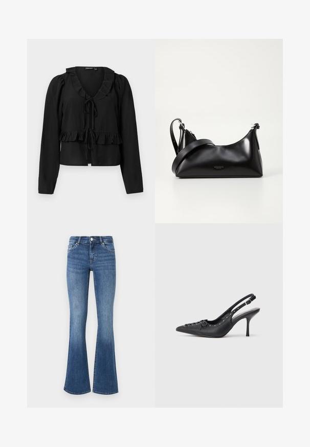 Blouse noire à manches longues avec un col et un ourlet à volants, dotée d'une fermeture à nouer à l'avant et d'une texture douce et légère.; Jean en denim bleu évasé avec un lavage moyen, comportant cinq poches, une fermeture bouton et une texture légèrement usée au niveau de l'ourlet.; Escarpin en cuir noir à talon aiguille avec un bout pointu, une bride latérale à boucle, des clous le long du bord et un laçage décoratif à l'avant.; Sac à main en cuir noir avec une texture lisse. Dispose d'une bandoulière adjustable et d'un design élégant et minimaliste avec une fermeture éclair.