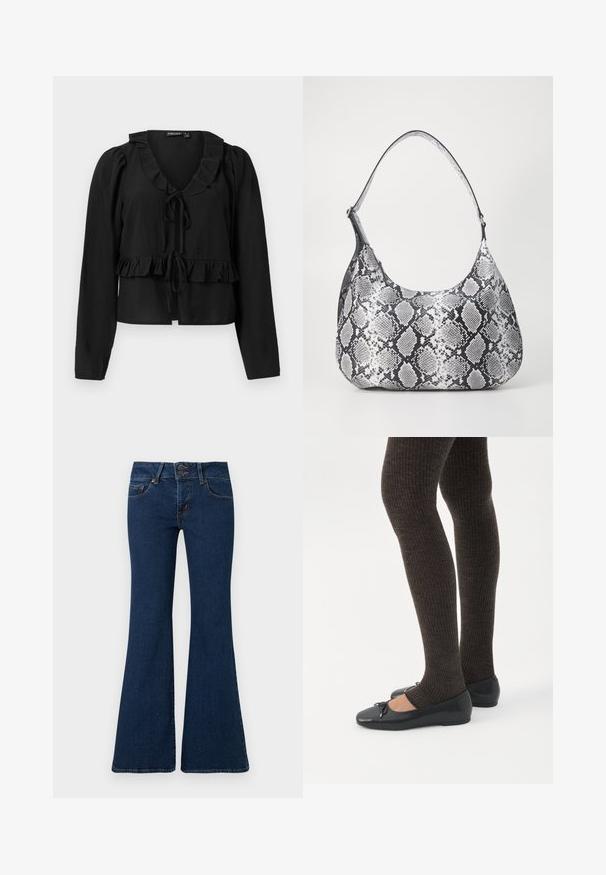 Blouse noire à manches longues avec un col et un ourlet à volants, dotée d'une fermeture à nouer à l'avant et d'une texture douce et légère.; Jean flare bleu foncé en denim, avec fermeture éclair et double bouton, poches avant et détails cousus le long des côtés.; Jambes portant des leggings côtelés foncés associés à des ballerines noires avec de petits détails en nœud sur fond blanc.; Sac à épaule en simili cuir noir et blanc avec imprimé serpent, de forme arrondie, texture lisse et bandoulière incurvée. Présente un accent en matériel argenté.