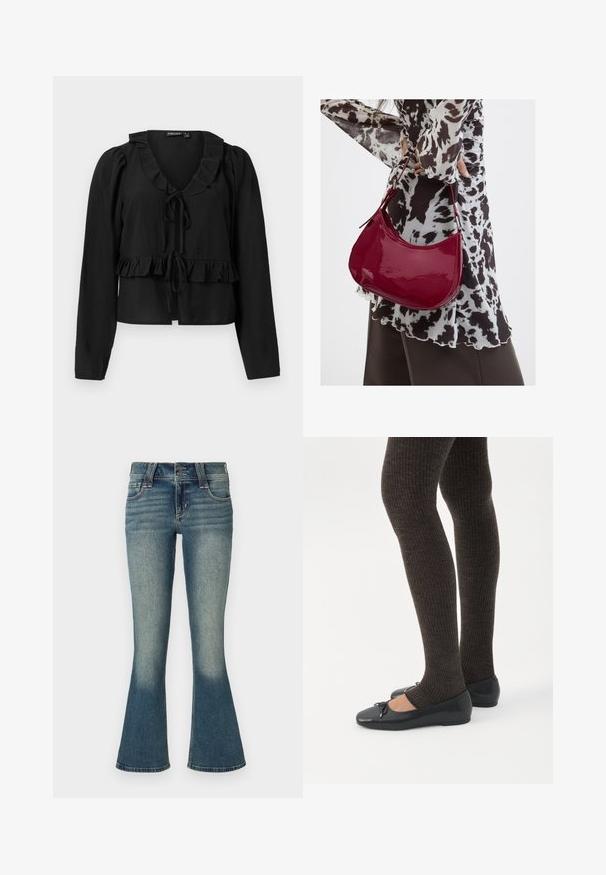Blouse noire à manches longues avec un col et un ourlet à volants, dotée d'une fermeture à nouer à l'avant et d'une texture douce et légère.; Jeans en denim bleu moyen avec un léger délavage au niveau des cuisses et des jambes évasées, présentant des poches avant, des passants de ceinture et une fermeture à double bouton.; Jambes portant des leggings côtelés foncés associés à des ballerines noires avec de petits détails en nœud sur fond blanc.; Femme portant un chemisier à motif noir et blanc tenant un sac à main rouge brillant sur un fond uni.