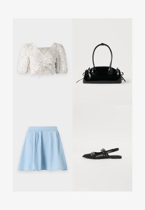 Blouse blanche à manches courtes avec imprimé floral beige et bleu. Présente un devant smocké et un décolleté carré avec des cordons de serrage.; Jupe en denim bleu clair avec un design évasé, taille froncée et texture lisse. L'ourlet s'arrondit doucement en bas.; Even&Odd by Zalando Ballerines à brides arrière - black; Petit sac à main noir brillant avec deux longues anses et des détails à cordon sur les côtés sur un fond clair uni.
