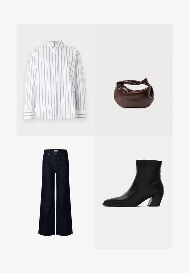 Hvid bomulds skjorte med knapper og lodrette marineblå striber, en klassisk krave og lange ærmer med stribede manchetter. Blød tekstur.; Mørkeblå bredbenede denimjeans med frontknap og lynlås, bæltestropper og frontlommer, vist på en hvid baggrund.; Sortlæder ankelstøvle med spids tå, en slank silhuet og en kraftig firkantet hæl. Glat tekstur med minimale stikninger.; Mørkebrun læder skuldertaske med en blød, afslappet form og et snoet knudehåndtag på en ensartet hvid baggrund.