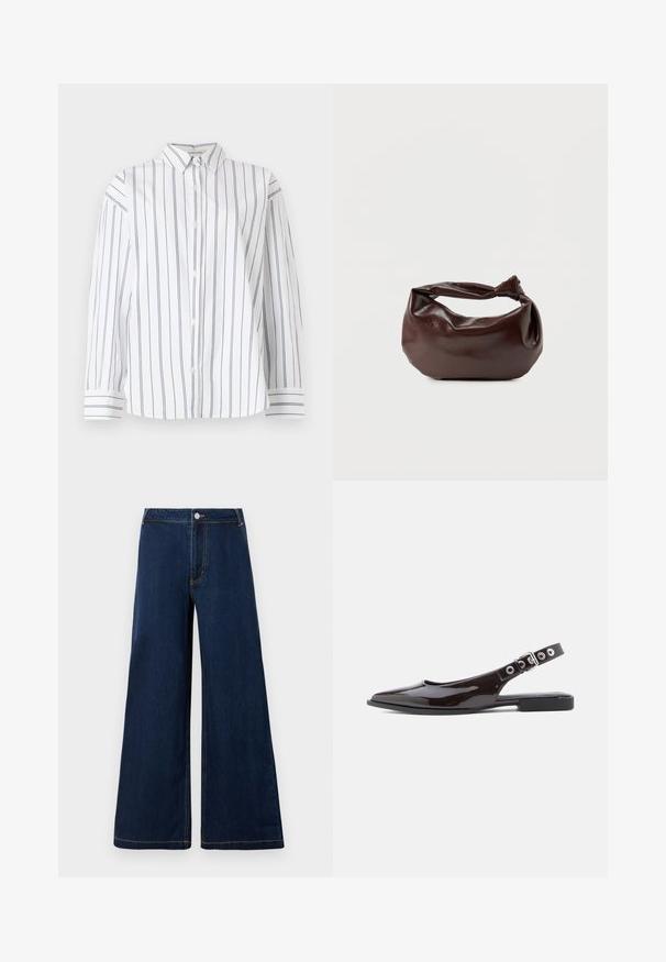 Chemise en coton blanc à boutons avec des rayures verticales bleu marine, un col classique et des manches longues avec des poignets à rayures. Texture douce.; Jeans en denim à jambe large de couleur bleu foncé avec des coutures dorées, dotés d'une fermeture à bouton et à fermeture éclair à l'avant, et d'un design classique à cinq poches.; Ballerines slingbacks en cuir verni noir avec bout pointu, talon plat et bride ajustable ornée de ferrures argentées et d"oeillets.; Sac bandoulière en cuir marron foncé avec une forme souple et décontractée et une anse nouée torsadée sur un fond blanc uni.