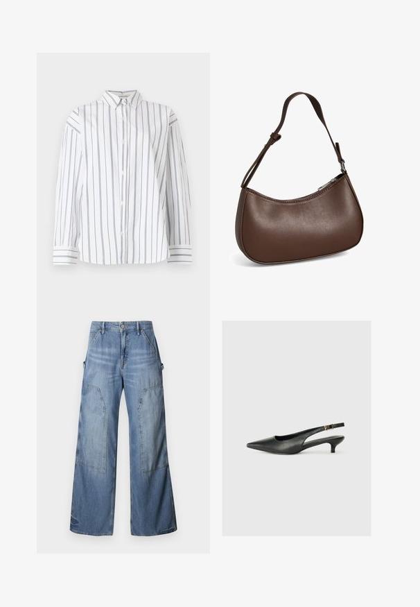 Chemise en coton blanc à boutons avec des rayures verticales bleu marine, un col classique et des manches longues avec des poignets à rayures. Texture douce.; Good American GOOD EASE RELAXED - Jean boyfriend - indigo; Chaussure slingback noire à bout pointu en cuir lisse. Présente un talon fin et un détail de boucle sur la sangle réglable.; Petit sac bandoulière en cuir marron avec sangle réglable et fermeture éclair, présenté sur fond blanc. Aucun logo ou décoration visible.