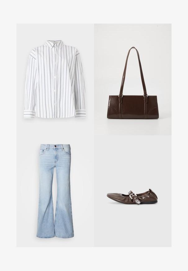 Chemise en coton blanc à boutons avec des rayures verticales bleu marine, un col classique et des manches longues avec des poignets à rayures. Texture douce.; Jean évasé bleu clair, avec une taille haute, en tissu denim, cinq poches et une fermeture par bouton. Les jambes sont larges et présentent une légère décoloration.; Chaussure plate en cuir verni marron avec un bout pointu, un détail de nœud élastiqué et une accent en boucle en argent sur le côté. Semelle en caoutchouc noir.; Sac à main en cuir verni marron de forme rectangulaire, avec deux longues poignées et des accents courbés subtils à l'avant.