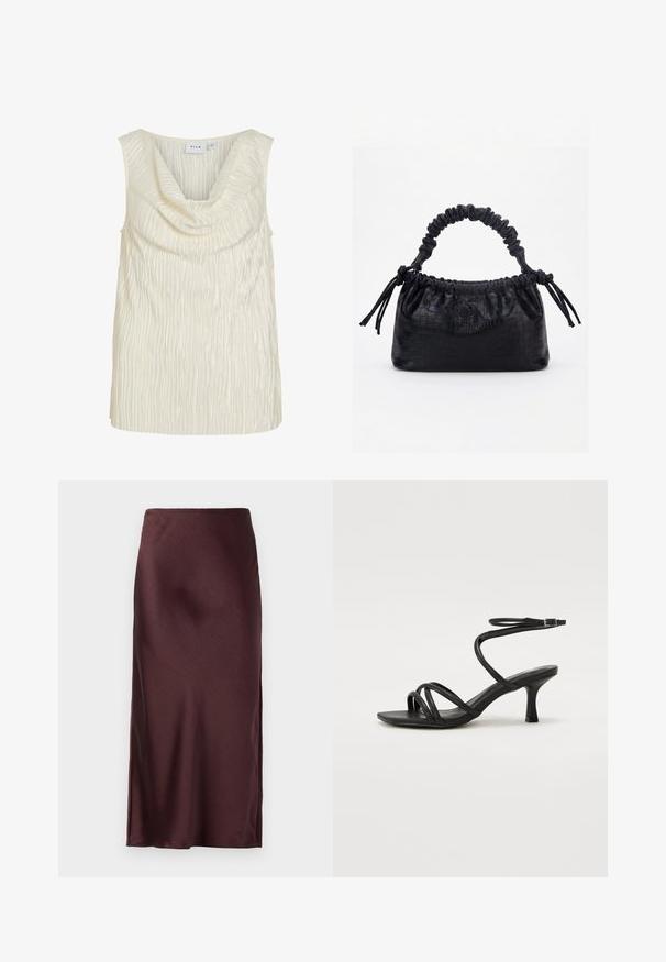 Débardeur sans manches en crème avec un col drapé et un motif texturé en côtes. Tissu lisse avec un léger éclat.; Jupe maxi en satin bordeaux avec une texture lisse, fente haute sur un côté et taille élastique. Design simple et épuré.; Even&Odd Wide Fit by Zalando Sandales - black; Sac à main noir avec texture crocodile, bord supérieur froncé, poignée plissée et pompons à cordon de chaque côté sur fond blanc.