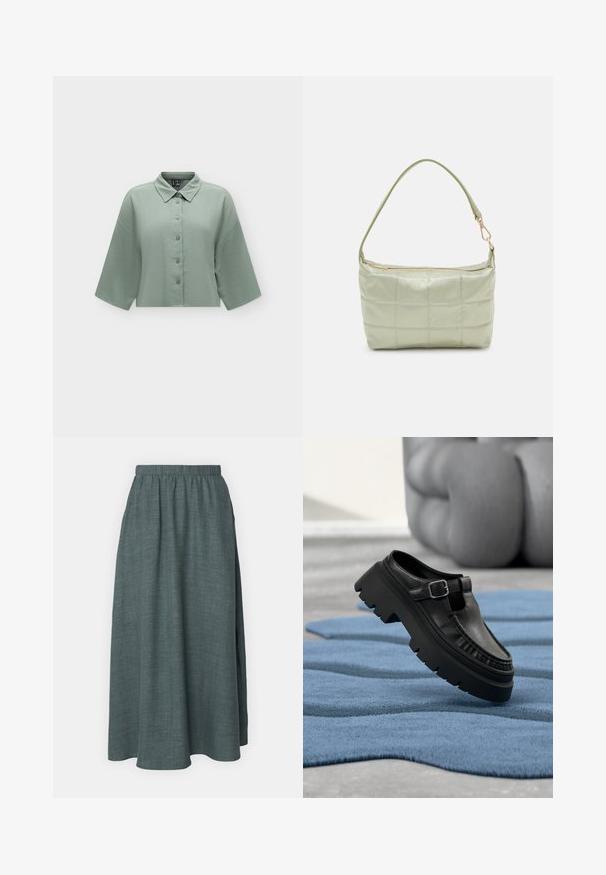 Chemise courte texturée vert clair avec manches larges et boutons sur le devant, présentée sur fond uni.; Longue jupe teal en tissu texturé avec une taille élastique froncée et un design fluide en A.; Mocassin en cuir noir avec semelle crantée épaisse et boucle argentée, positionné en angle sur un tapis bleu texturé.; Sac vert rembourré avec une texture douce, de forme rectangulaire, à une bandoulière, et fermeture à glissière dorée. Présente un motif matelassé.