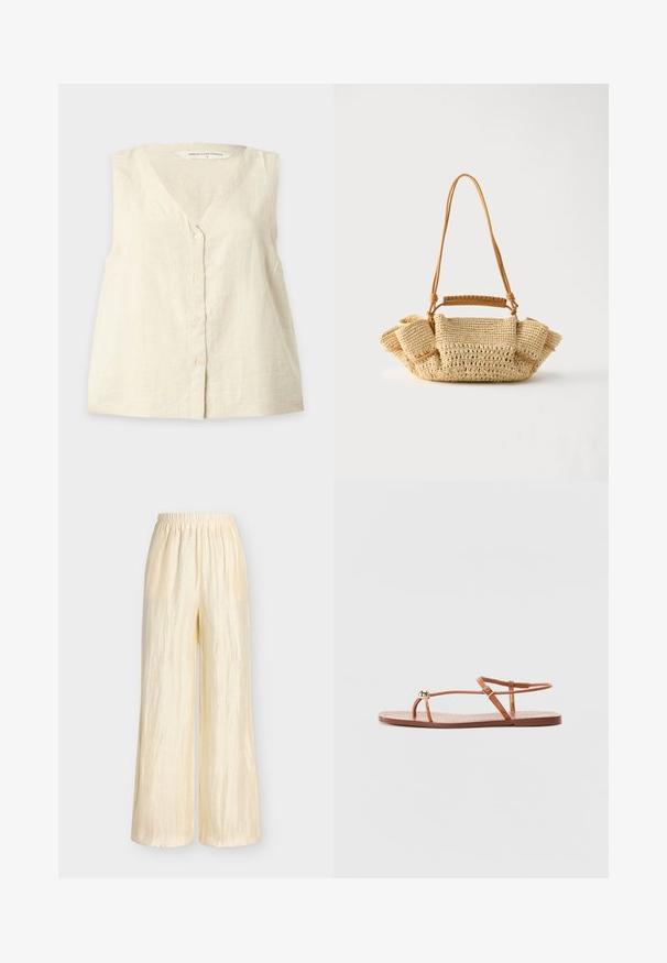 Blouse sans manches beige clair à boutons avec col en V et quatre petits boutons devant, en tissu léger texturé.; Pantalon large beige clair avec une taille élastique froncée et une texture de tissu légèrement froissée.; Loeffler Randall LARA STRAPPY - Sandales tongs - timber; Sac à main beige tressé avec une longue lanière fine et des côtés froncés, avec une petite poignée enveloppée de cuir pour différentes options de port.