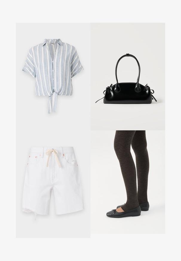 Kortærmet cropped skjorte i let materiale, med blå og hvide lodrette striber, knaplukning foran og bindebånd detaljeret i taljen.; Hvide denimshorts med en rå kant, materiale i bomuldsblanding og en beige snor. Har kobberfarvet hardware og sidelommer.; Ben iført mørke ribbede leggings kombineret med sorte balletsko med små sløjfedetaljer på hvid baggrund.; Lille sort blank håndtaske med to lange håndtag og snøre-detaljer i siden på en ensfarvet lys baggrund.