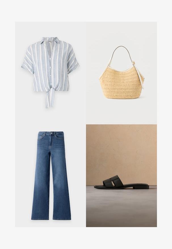 Kortærmet cropped skjorte i let materiale, med blå og hvide lodrette striber, knaplukning foran og bindebånd detaljeret i taljen.; Bredde ben blå denimjeans med en standard talje, forlommer og en glat tekstur. Ingen synlige mønstre eller udsmykninger.; Sort læder slidssandal med brede remme og flad sål, svævende over beige tæppe og sofa baggrund.; Beige flettet stråhåndtaske med hvidt læderkanter og justerbar skulderrem, vist mod en ensartet lys baggrund.