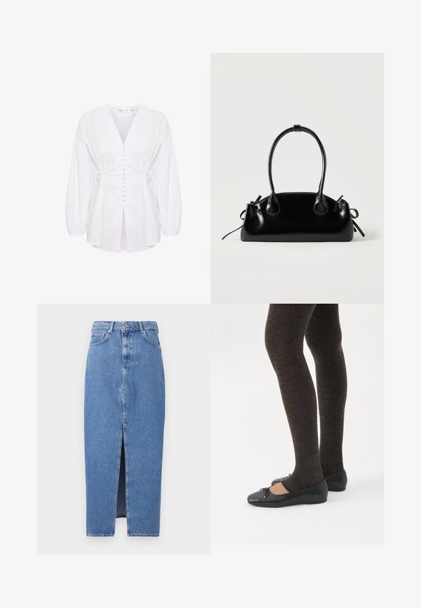 Hvid bluse lavet af bomuld med en dyb V-udskæring, knaplukning foran, samlede ærmer og en indsnævret taljedesign. Glat tekstur, letvægts.; Lyseblå denim midi-nederdel med en frontslids, klassisk fem-lomme design og lukning med topknap. Stoffet har en let struktur.; Ben iført mørke ribbede leggings kombineret med sorte balletsko med små sløjfedetaljer på hvid baggrund.; Lille sort blank håndtaske med to lange håndtag og snøre-detaljer i siden på en ensfarvet lys baggrund.