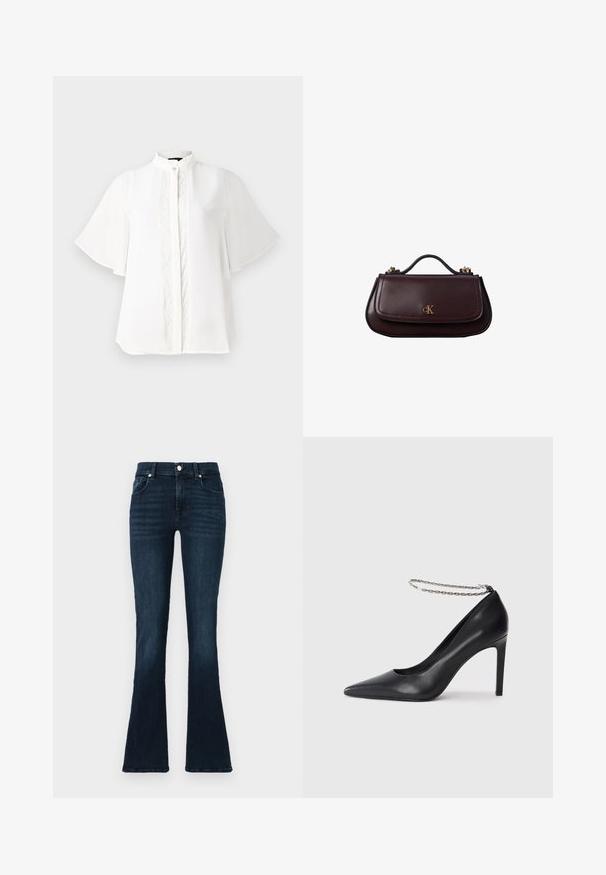 Blusa blanca con cuello alto, mangas cortas con volante y delicados bordados verticales en la parte frontal. Tejido suave y ligero.; Jeans acampanados de color azul oscuro, confeccionados en denim, con un clásico diseño de cinco bolsillos, cierre de botón metálico y ligeras arrugas en las caderas.; Zapato de tacón alto de cuero negro con puntera afilada, que presenta una delgada correa de tobillo de cadena plateada y una textura elegante y suave.; Pequeño bolso de mano de cuero marrón oscuro con asa superior, cierre dorado y logo "cK" dorado en la solapa frontal.