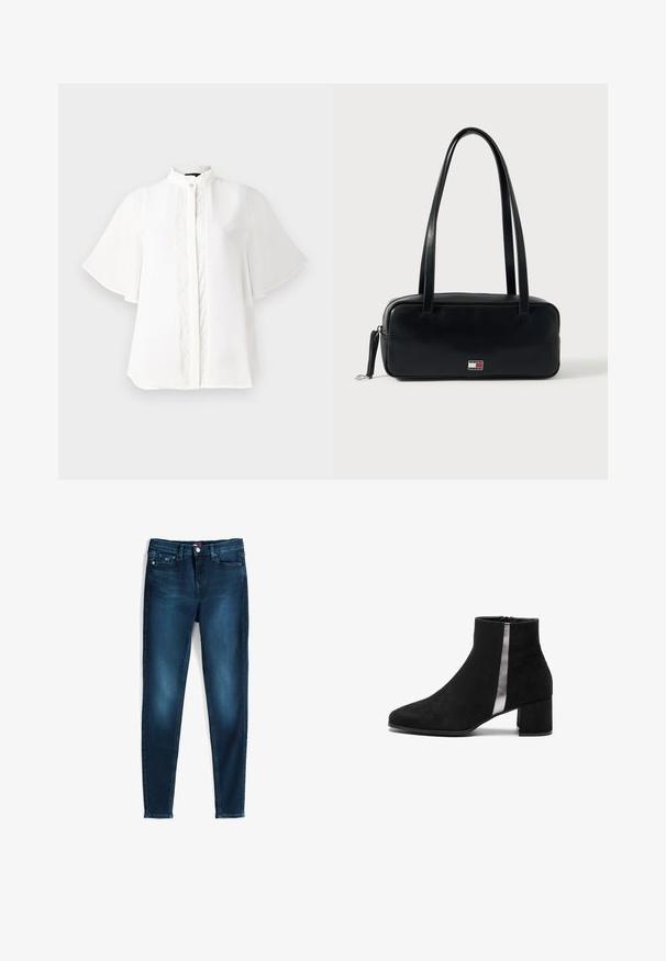 Witte blouse met een hoge kraag, korte flapmouwen en ingewikkelde verticale borduring aan de voorkant. Zacht, lichtgewicht stof.; Donkerblauwe slim-fit spijkerbroek met voor- en achterzakken, knoop- en ritssluiting, lichte vervaging op de dijen, plat gelegd op een witte achtergrond.; Zwarte suède enkelboot met een puntige neus, voorzien van een contrasterend metallic zilveren paneel en een chunky hak. Glad textuur, minimalistisch ontwerp.; Zwarte leren handtas met een rechthoekige vorm, platte basis, twee schouderbanden en een klein logodetail aan de voorkant. Glad oppervlak.