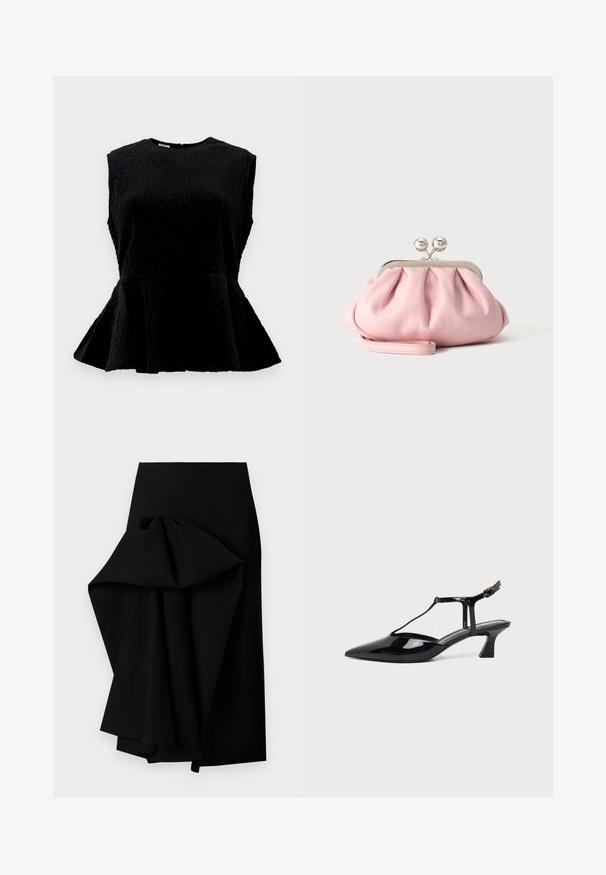 Sort peplum-top med ærmeløs design, tekstureret stof, rund halsudskæring og udvidet nederkant. Har subtile vertikale riller over det hele.; Sort nederdel lavet af glat stof, med et oversized draperet design på den ene side, der danner en høj-lav kant.; Sort laklæder spids tå slingback sko med T-rem og lav skrå blokhæl på hvid baggrund.; Lille blød lyserød clutchpung med sølvfarvet metalramme og rund lås, hvilende på en flad lys overflade med håndledsrem foldet foran.