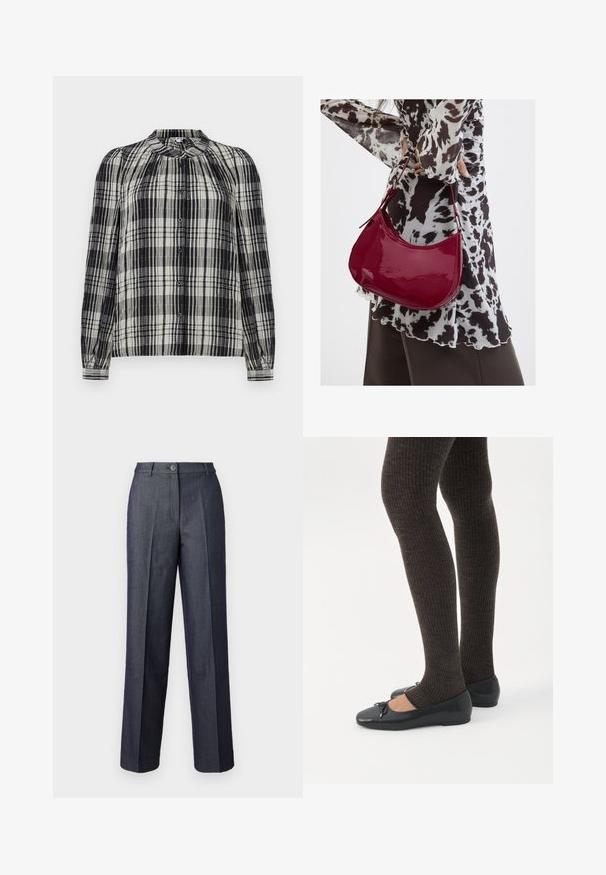 Blouse à carreaux noir et blanc, boutonnée, avec des manches longues, une texture plissée et un col rond. Comprend des fermetures à boutons et des poignets ajustés.; Pantalons larges gris foncé en tissu lisse, dotés d'une fermeture à bouton à l'avant, de plis tailleur et de poches élégantes.; Jambes portant des leggings côtelés foncés associés à des ballerines noires avec de petits détails en nœud sur fond blanc.; Femme portant un chemisier à motif noir et blanc tenant un sac à main rouge brillant sur un fond uni.