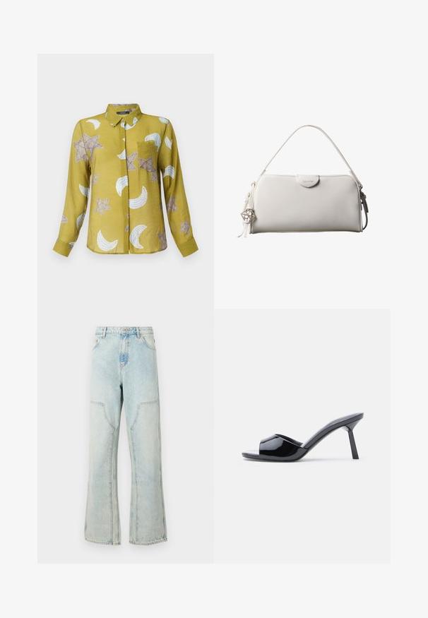 Chemise à manches longues, à col, en vert olive avec des motifs d'étoiles et de croissants en beige et blanc. Tissu léger avec une texture lisse.; Jean en denim bleu clair avec une coupe ample, des jambes larges et des poches avant à rabat. Il possède une fermeture à bouton et des passants de ceinture.; Sandales à talons ouverts en cuir verni noir, avec un design supérieur incurvé et un talon aiguille effilé. Finition lisse et brillante.; Sac à main rectangulaire blanc Calvin Klein avec une seule poignée, design minimaliste et pampilles décoratives avec un charm métallique géométrique sur le côté.