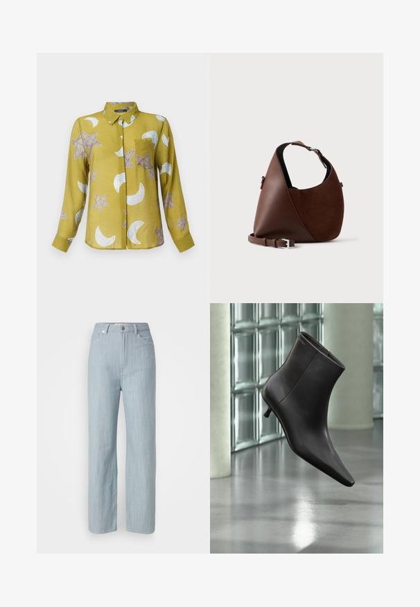 Langærmet skjorte med krave i olivengrøn med stjerne- og halvmånemønstre i beige og hvid. Letvægtsstof med en glat tekstur.; Lysblå straight-leg jeans lavet af denim. Har fem lommer, en metal knaplukning og subtile slidser for tekstur.; Sort læderankelstøvle med spids tå og lille hæl vist mod en væg af glasblokke og poleret gulv baggrund.; Brun skuldertaske i læder og ruskind med en buet form, justerbar rem og sølvspænde på en ensfarvet lys baggrund.