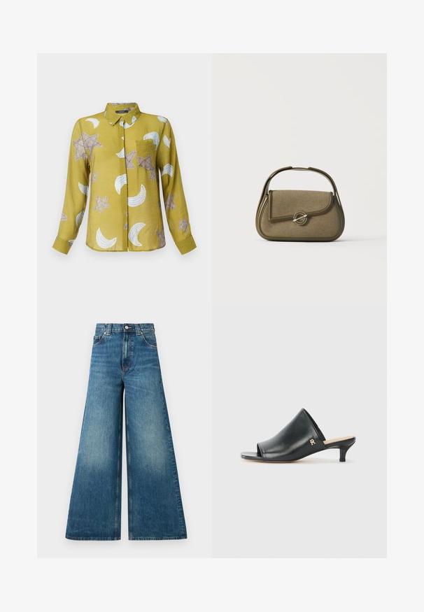 Langarm, met kraag, shirt in olijfgroen met ster- en halve maanpatronen in beige en wit. Lichte stof met een gladde textuur.; Hoge taille wijde jeans in vervaagd blauw denim, met een knopen sluiting, riemlussen en twee voorzakken.; Zwarte leren open teen muiltjes met een lage hak. Heeft een glad oppervlak en een gouden logo accent aan de zijkant.; Kleine olijfgroene handtas met afgeronde hoeken, een bovenhandvat en een klep met een sluiting die vastzit met een ronde metalen sluiting.
