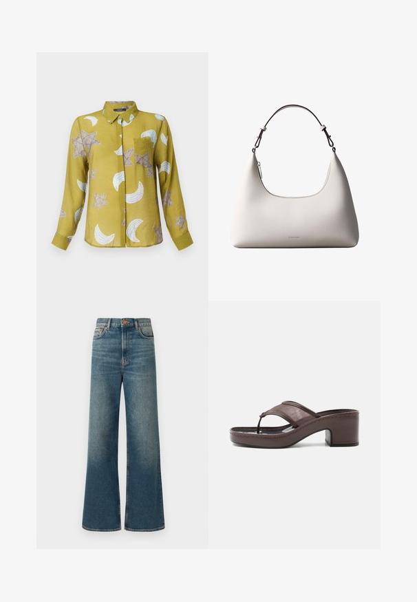 Langærmet skjorte med krave i olivengrøn med stjerne- og halvmånemønstre i beige og hvid. Letvægtsstof med en glat tekstur.; Bredde ben jeans i medium blå denim, med høj talje, fem-lomme design og en subtil falmet finish. Kobberknap og syninger som detaljer.; Brun sandal med hæl med mesh-rem og tæst design, med blokhæl og syet sål, vist i profil mod hvid baggrund.; Cremefarvet skuldertaske i læder fra Calvin Klein med buet topkant, sølvfarvet lynlås og mørkebrun justerbar rem.