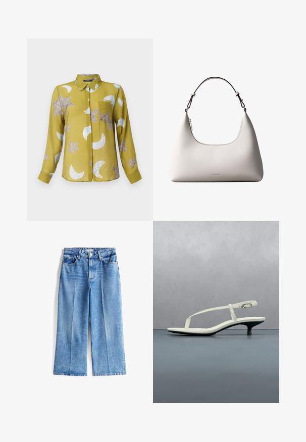 Langærmet skjorte med krave i olivengrøn med stjerne- og halvmånemønstre i beige og hvid. Letvægtsstof med en glat tekstur.; Lysblå denim bukser med bred ben, høj talje, forsideknaplukning, fem lommer og frynsede kanter.; Hvid sandal med stropper og kitten-hæl med spids tå, svævende over et trægulv udendørs med en sløret plante og væg i baggrunden.; Cremefarvet skuldertaske i læder fra Calvin Klein med buet topkant, sølvfarvet lynlås og mørkebrun justerbar rem.