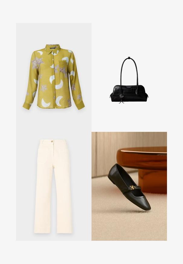 Langarm, met kraag, shirt in olijfgroen met ster- en halve maanpatronen in beige en wit. Lichte stof met een gladde textuur.; Beige wijde broek van katoen met een knoopsluiting aan de voorkant en twee grote achterzakken. Een gladde textuur en afgewerkte zoom.; Zwarte leren platte schoen met puntige neus en gouden CK-logo op het bandje, geplaatst op een beige tapijt bij een ronde amberbruine tafel.; Zwarte schoudertas van leer met krokodillenstructuur, lange banden en een klein zilveren logohanger aan één band.