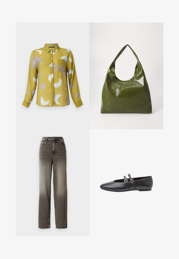 Chemise à manches longues, à col, en vert olive avec des motifs d'étoiles et de croissants en beige et blanc. Tissu léger avec une texture lisse.; Jean gris à jambes larges avec une finition en denim délavé. Avec une taille haute, cinq poches et une fermeture à bouton classique. Tissu texturé avec des coutures visibles.; Chaussures plates en cuir noir avec un bout pointu, dotées de deux brides avec des éléments circulaires en métal et une semelle basse et plate. Texture lisse sur toute la surface.; Sac hobo en cuir vert au design décontracté, avec une poignée incurvée et une texture lisse. Ne contient aucun matériel ou accent visible.