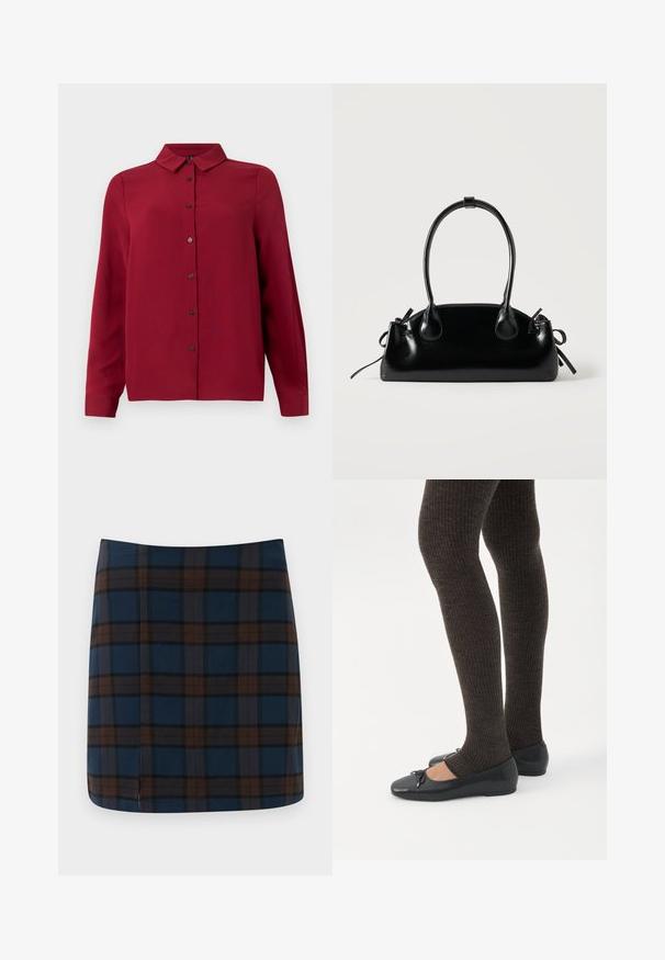 Rode button-up shirt met een kraag, lange mouwen en een gestructureerde stof. Bevat donkergekleurde knopen en een rechte zoom voor een getailleerde look.; Donkerblauwe geruite mini-jurk met bruine en grijze lijnen, gemaakt van een gladde stof, met een subtiele split aan de achterkant voor gemakkelijke beweging.; Benen met donkere geribbelde leggings gecombineerd met zwarte ballerina's met kleine strikdetails op een witte achtergrond.; Kleine zwarte glanzende handtas met twee lange hengsels en zijkant trekkoord details op een effen lichte achtergrond.