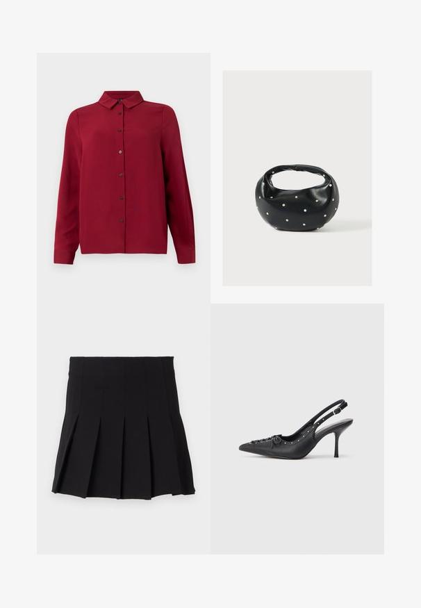 Rotes Hemd mit Knopfverschluss, Kragen, langen Ärmeln und strukturiertem Stoff. Verfügt über dunkle Knöpfe und einen geraden Saum für einen maßgeschneiderten Look.; Schwarzer gefalteter Rock mit einem taillierten Bund, aus einem glatten Stoff gefertigt. Verfügt über mehrere vertikale Falten für eine strukturierte Silhouette.; Schwarzer Leder-Slingback-Stiletto mit spitzem Zehenaufsatz, seitlichem Schnallenriemen, Nieten entlang der Kante und dekorativer Schnürung vorne.; Schwarze Lederhandtasche mit abgerundeter Form, verziert mit silbernen Nietenakzenten und kurzem Griff. Glatte Struktur und Reißverschlussverschluss.