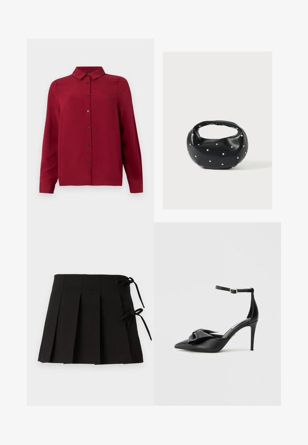 Rotes Hemd mit Knopfverschluss, Kragen, langen Ärmeln und strukturiertem Stoff. Verfügt über dunkle Knöpfe und einen geraden Saum für einen maßgeschneiderten Look.; Schwarzer, gefalteter Rock mit Seitenschnüren, hergestellt aus einem glatten Stoff; verfügt über ein strukturiertes Design und klare Linien.; Schwarzer High-Heel-Schuh mit spitzer Zehenpartie, Satinschleifenakzent und verstellbarem Knöchelriemen mit silberner Beschlägen. Glatte Lederstruktur.; Schwarze Lederhandtasche mit abgerundeter Form, verziert mit silbernen Nietenakzenten und kurzem Griff. Glatte Struktur und Reißverschlussverschluss.