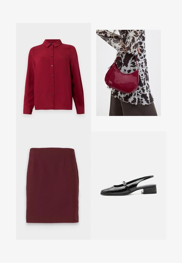 Rode button-up shirt met een kraag, lange mouwen en een gestructureerde stof. Bevat donkergekleurde knopen en een rechte zoom voor een getailleerde look.; Bordeaux knie-lange kokerrok met een soepele textuur en subtiele naaddetails bij de taille, weergegeven op een witte achtergrond.; Zwarte lakleren slingback schoen met een lage blokhak en een dunne band met zilveren gesp bovenop.; Vrouw met een zwart-wit gebloemde blouse houdt een glanzende rode schoudertas vast tegen een effen achtergrond.