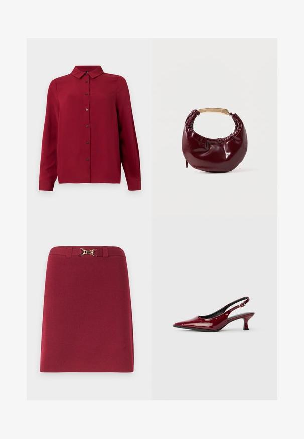 Rotes Hemd mit Knopfverschluss, Kragen, langen Ärmeln und strukturiertem Stoff. Verfügt über dunkle Knöpfe und einen geraden Saum für einen maßgeschneiderten Look.; Knielanger bordeauxroter Rock mit Gürtelschlaufen und einer goldfarbenen Horsebit-Schnalle am Bund.; Burgunderfarbene Lackleder Slingback-Absätze mit spitzem Zehenbereich und schlankem Stiletto-Absatz. Offenes Rückendesign mit verstellbarem Knöchelriemen.; Burgunderfarbene Kunstleder-Handtasche mit runder Form, gerafften Details und einem goldfarbenen Metallgriff. Glatte Textur und glänzende Oberfläche.