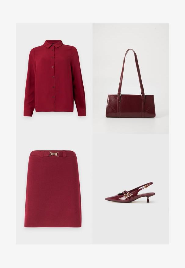 Rode button-up shirt met een kraag, lange mouwen en een gestructureerde stof. Bevat donkergekleurde knopen en een rechte zoom voor een getailleerde look.; Bordeauxrode rok tot op de knie met lussen voor een riem en een gouden paardenbitgespdetail aan de tailleband.; Bordeaux lakleren slingback schoen met een spitse neus, twee platte banden met gouden gespen en een kleine hak.; Bourgondische handtas van glanzend materiaal, rechthoekige vorm, met twee schouderbanden en subtiele gebogen accenten aan de voorkant.