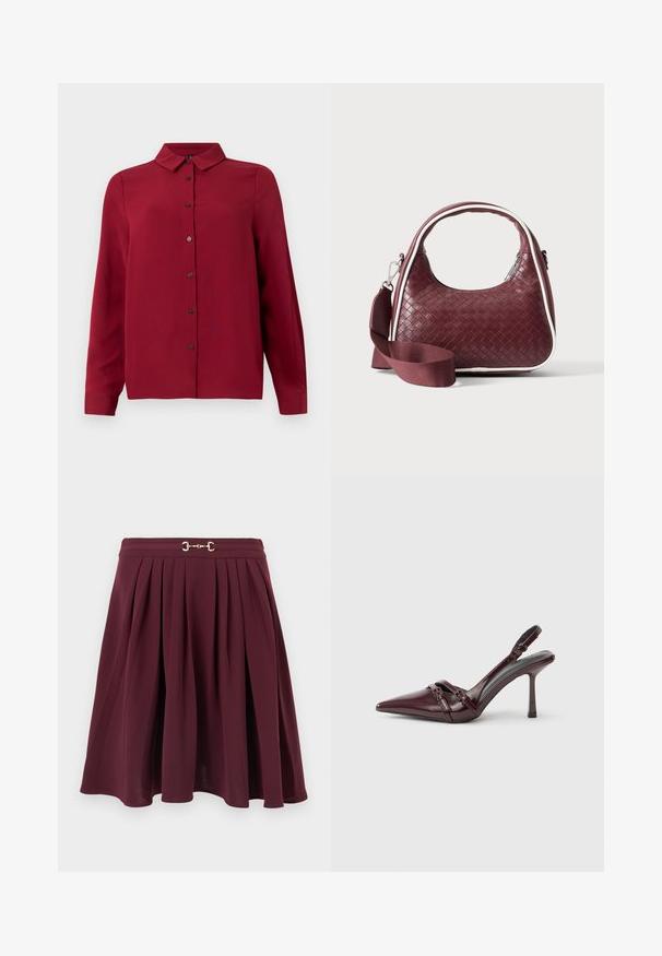 Rotes Hemd mit Knopfverschluss, Kragen, langen Ärmeln und strukturiertem Stoff. Verfügt über dunkle Knöpfe und einen geraden Saum für einen maßgeschneiderten Look.; Bordeauxroter plissierter A-Linien-Rock mit einem goldenen Metall-Horsebit-Detail am Bund, dargestellt vor einem einfarbigen hellen Hintergrund.; Bordeauxroter Slingback-Pumps aus Lackleder mit spitz zulaufender Vorderkappe, dünnem Knöchelriemen und kleiner dekorativer Schnalle. Glatte Textur und hoher Absatz.; Dunkelrote gewebte Ledertasche mit gebogenem Griff, weißem Besatz, silbernem Reißverschluss und abnehmbarem breitem Stoff-Schulterriemen vor einfarbigem Hintergrund.