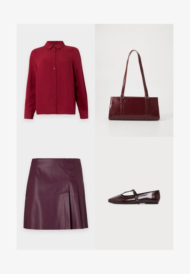 Rød skjorte med knaplukning og krave, lange ærmer og en tekstureret stof. Har mørke knapper og en lige afslutning for et skræddersyet udseende.; ONLY ONLARTZY Short - Mini skirts - mauve wine; Mørk burgunderfarvet flad lædersko med spids tå og en tynd T-rem med en sølvspænde på en hvid baggrund.; Bordeaux håndtaske lavet af glansfuldt materiale, rektangulær form, med to skulderremme og subtile buede detaljer på forsiden.