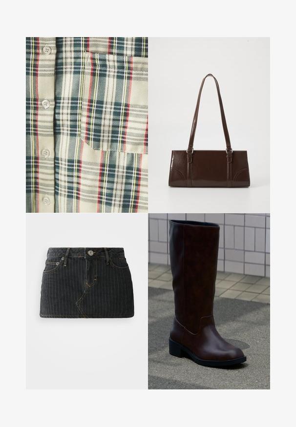 Rutet skjorte i creme med mørkegrønne, røde og gule accentuer. Har en lomme og runde knapper, lavet af et blødt, vævet stof.; Sort denim mini nederdel med lodrette striber, har fem lommer, gule stikninger og en frontlukning med knap.; Mørkebrun læderstøvle til midt på læggen med rund tå og lav blokhæl, der står på fortov nær flisebelagt væg.; Brun lakeret håndtaske med rektangulær form, to lange håndtag og subtile buede detaljer på fronten.